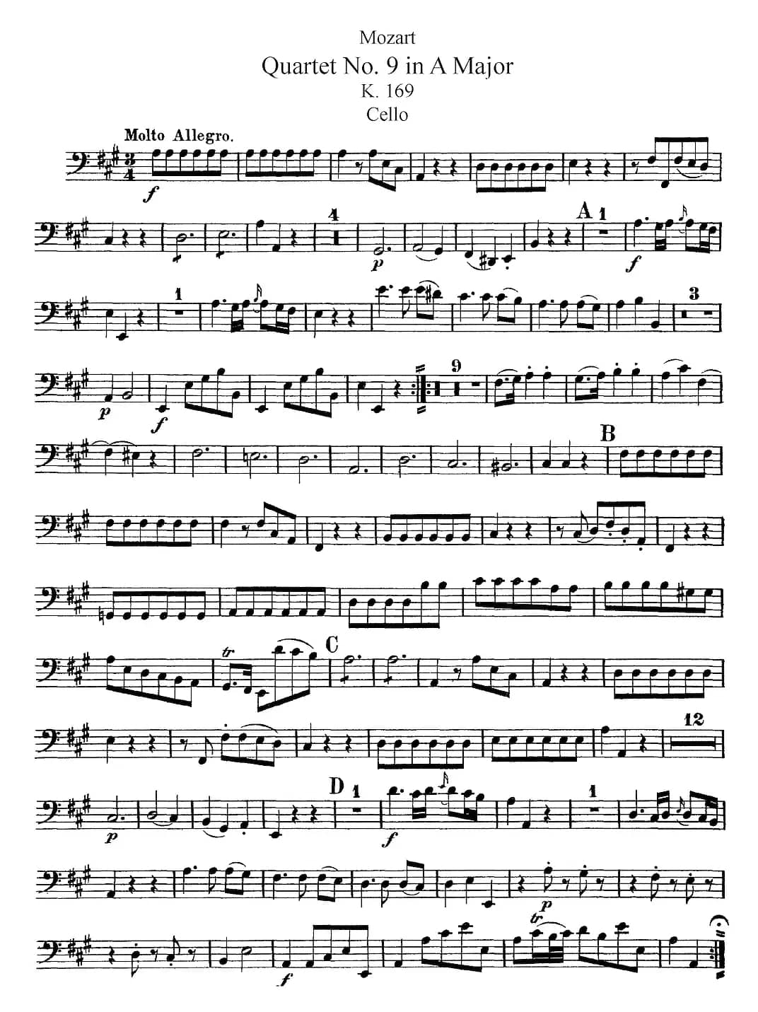 Mozart《Quartet No.9 in A Major,K.169》（Cello分谱）