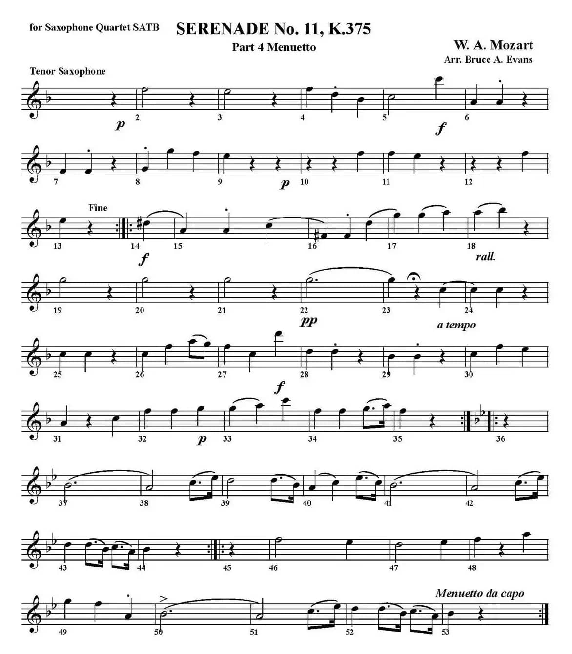 SERENADE No.11，K.375 Part 4 Menuetto（四重奏·次中音萨克斯分谱）