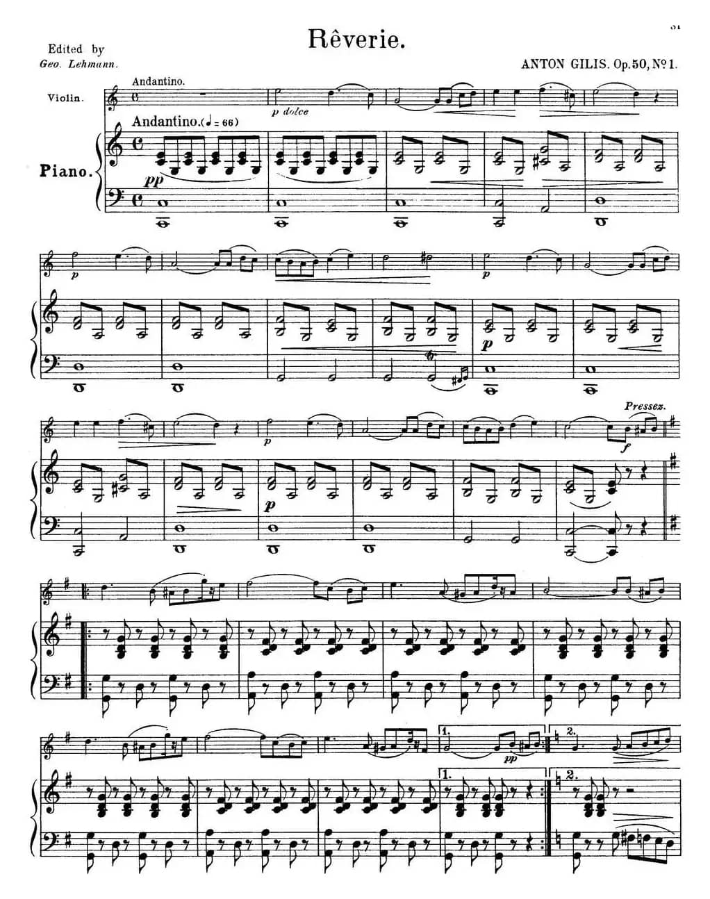 25首小提琴曲合集：Reverie.（ANTON GILIS. Op.50，No.1）（小提琴+钢琴伴奏）