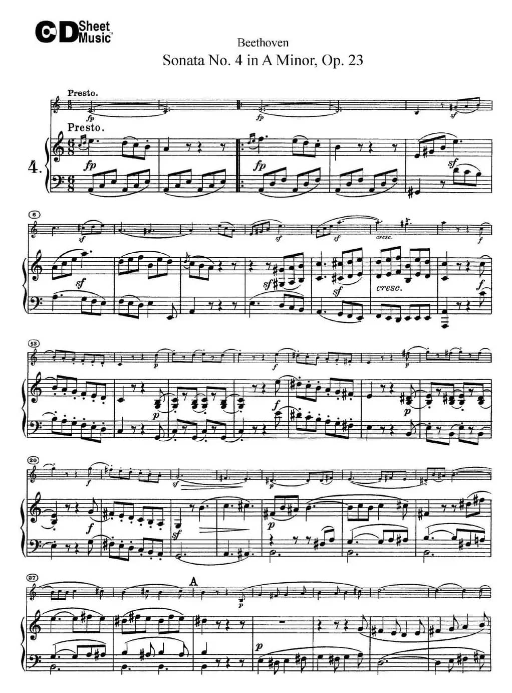 Violin Sonata No.4 in A Minor Op.23（小提琴+钢琴伴奏）