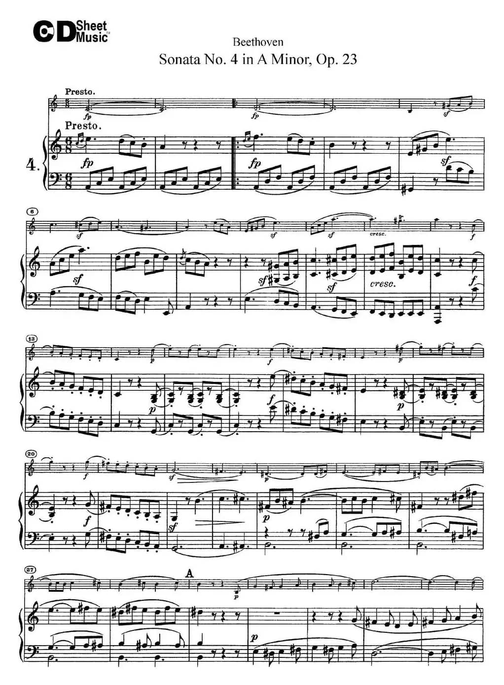 Violin Sonata No.4 in A Minor Op.23（小提琴+钢琴伴奏）