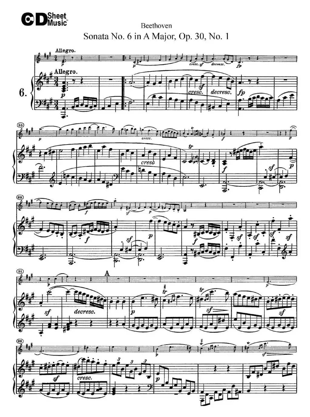 Violin Sonata No.6 in A Major Op.30 No.1（小提琴+钢琴伴奏）