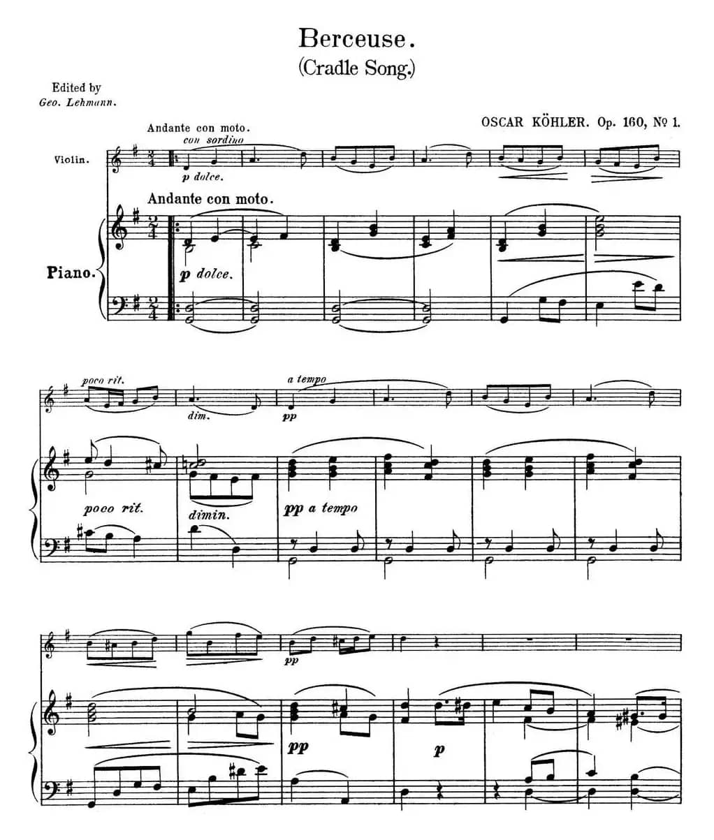 25首小提琴曲合集：Berceuse.（Cradle Song.）（OSCAR KOHLER. Op.160No.1）（小提琴+钢琴伴奏）