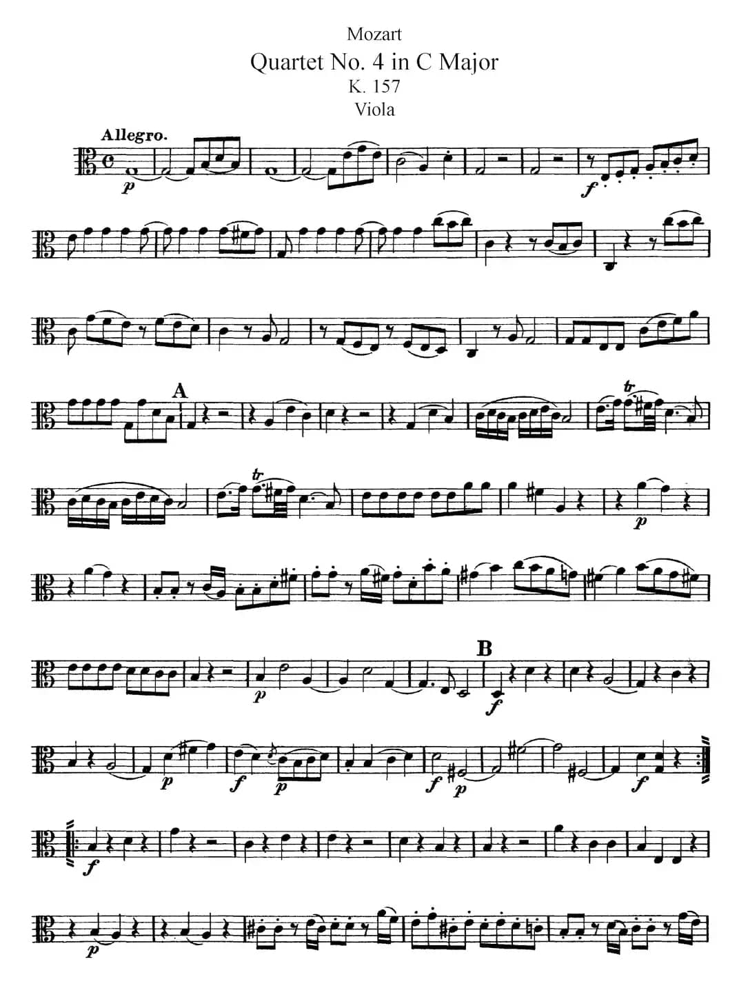 Mozart《Quartet No.4 in C Major,K.157》（Viola分谱）
