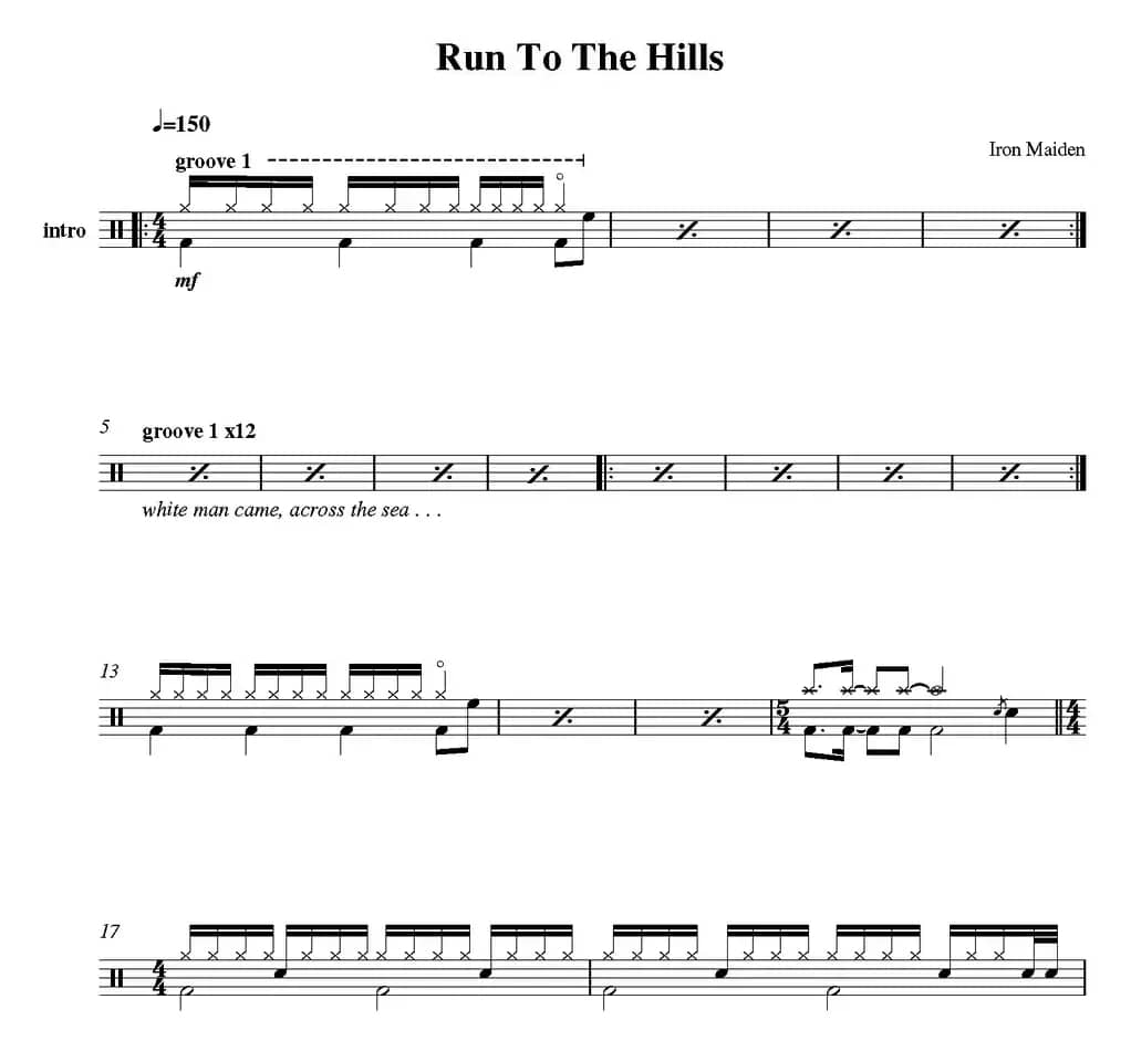 爵士鼓谱：Iron Maiden - Run to the hills