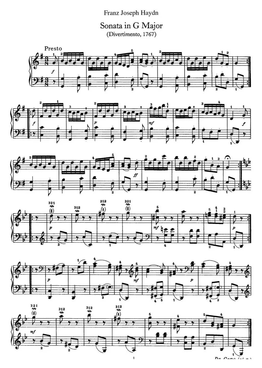 海顿 钢琴奏鸣曲 Hob XVI 11 Divertimento G major