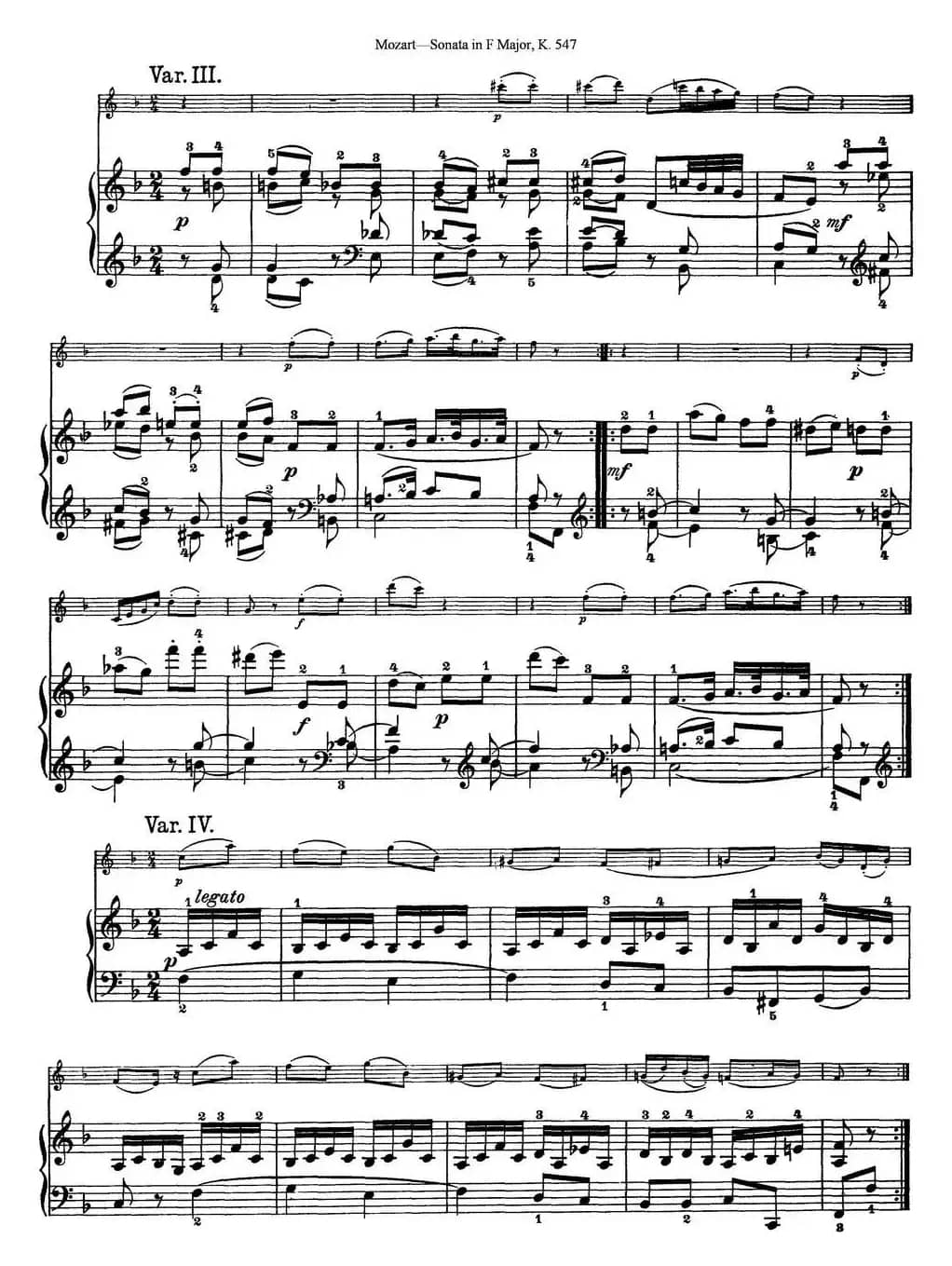 Violin Sonata in F Major K.547（小提琴+钢琴伴奏）