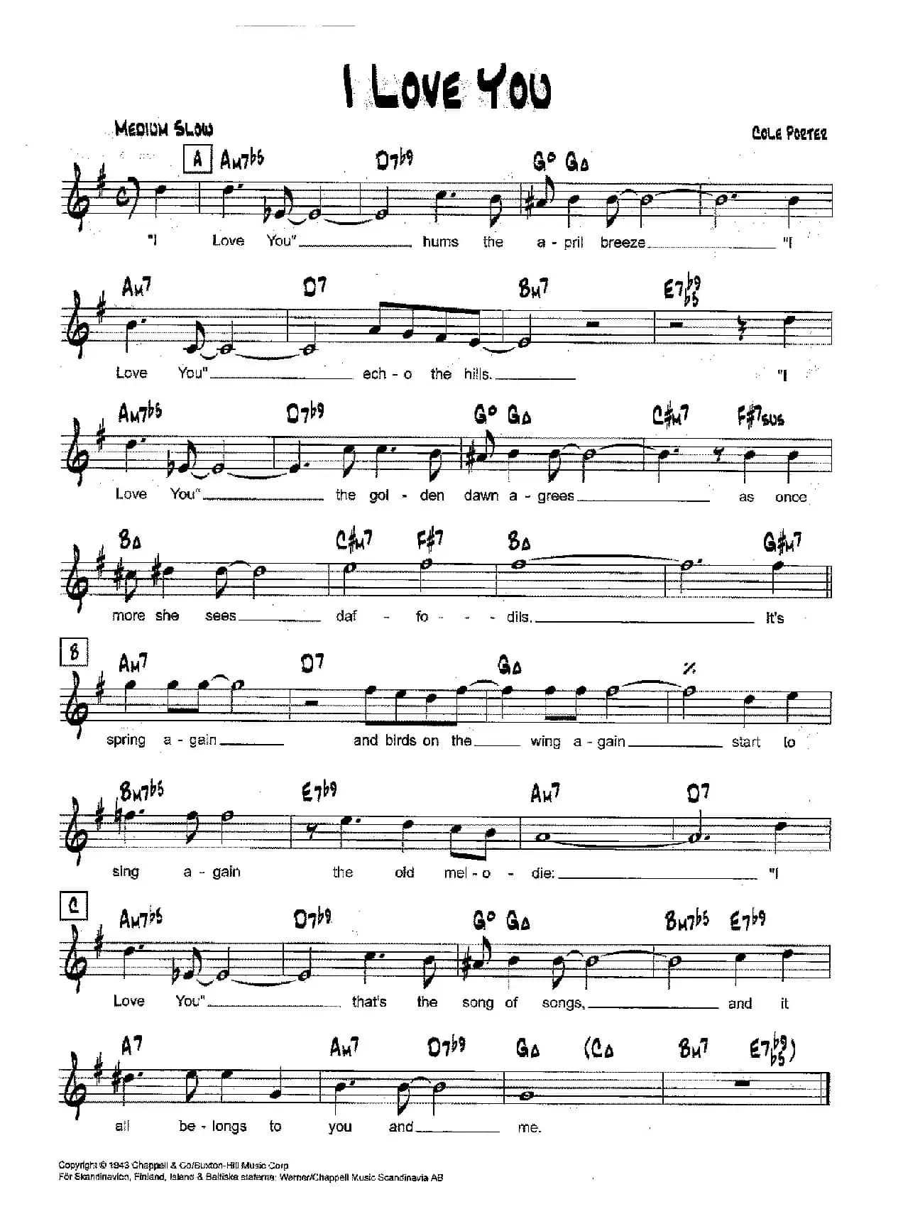 降B爵士乐谱：I LOVE YOU