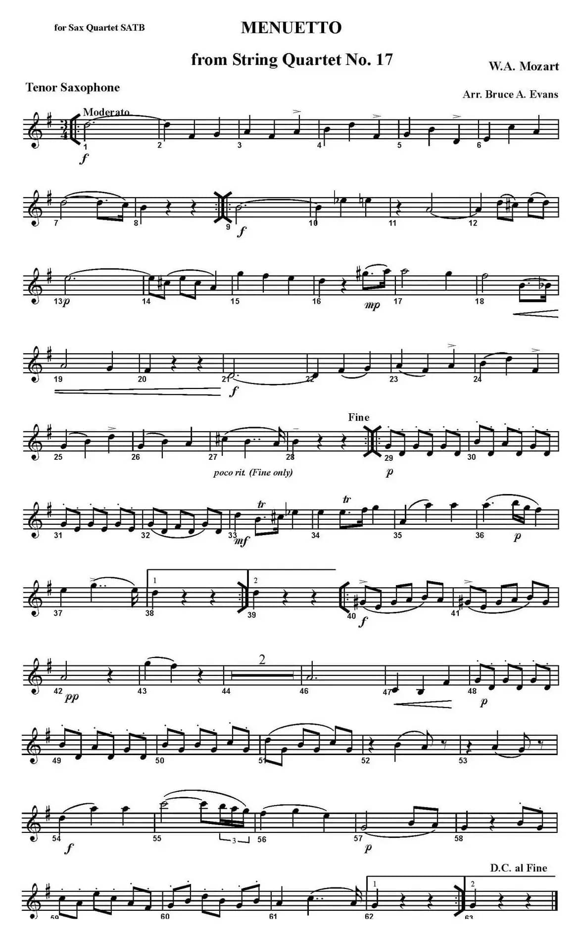 MENUETTO from String Quartet No.17（四重奏·次中音萨克斯分谱）