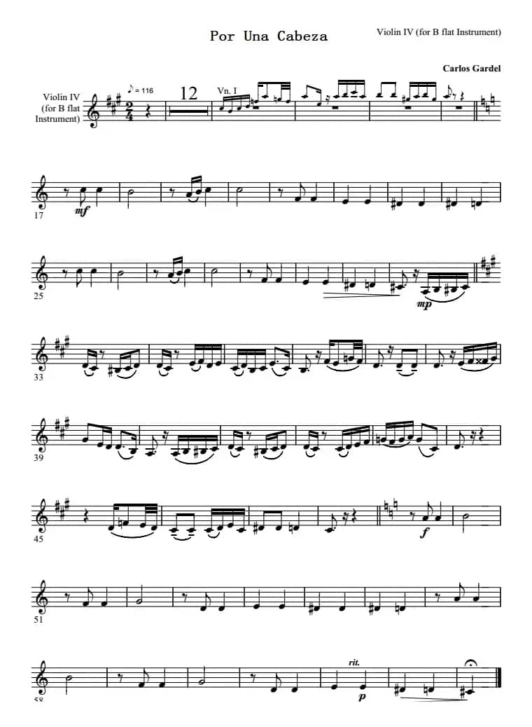 Por Una Cabeza 一步之遥（第四小提琴分谱）