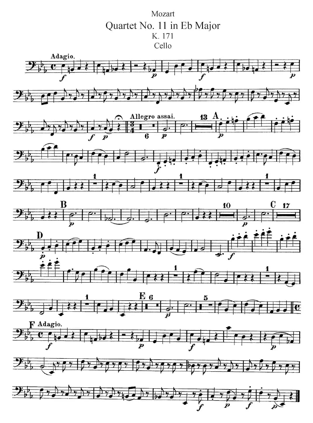 Mozart《Quartet No.11 in Eb Major,K.171》（Cello分谱）
