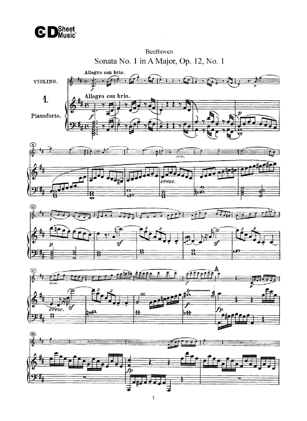 D大调第一小提琴奏鸣曲（Sonata No.1 in D Major Op.12,No.1）（小提琴+钢琴伴奏）