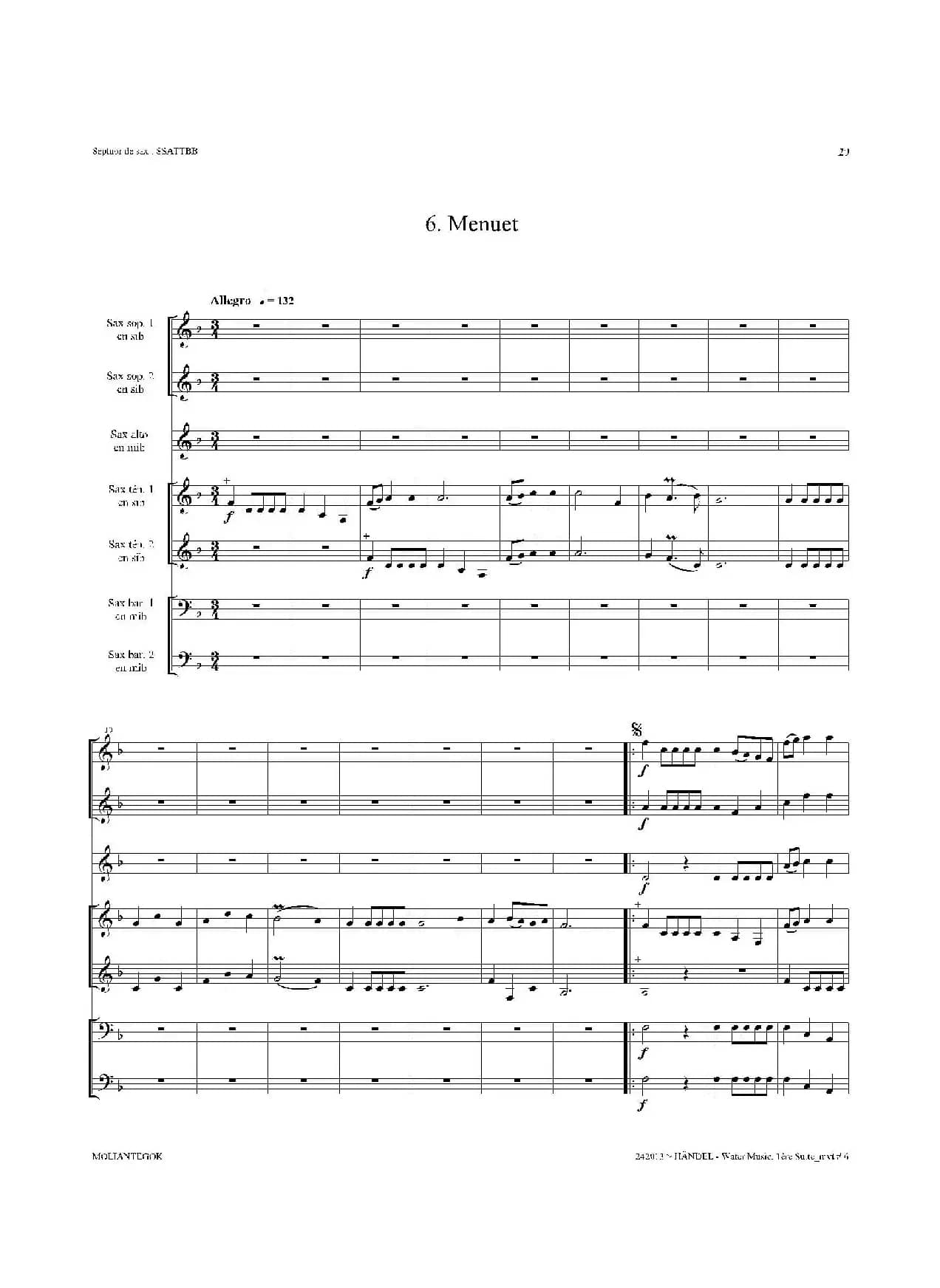 Water Music（HWV.348 No.1）（萨克斯合奏总谱）