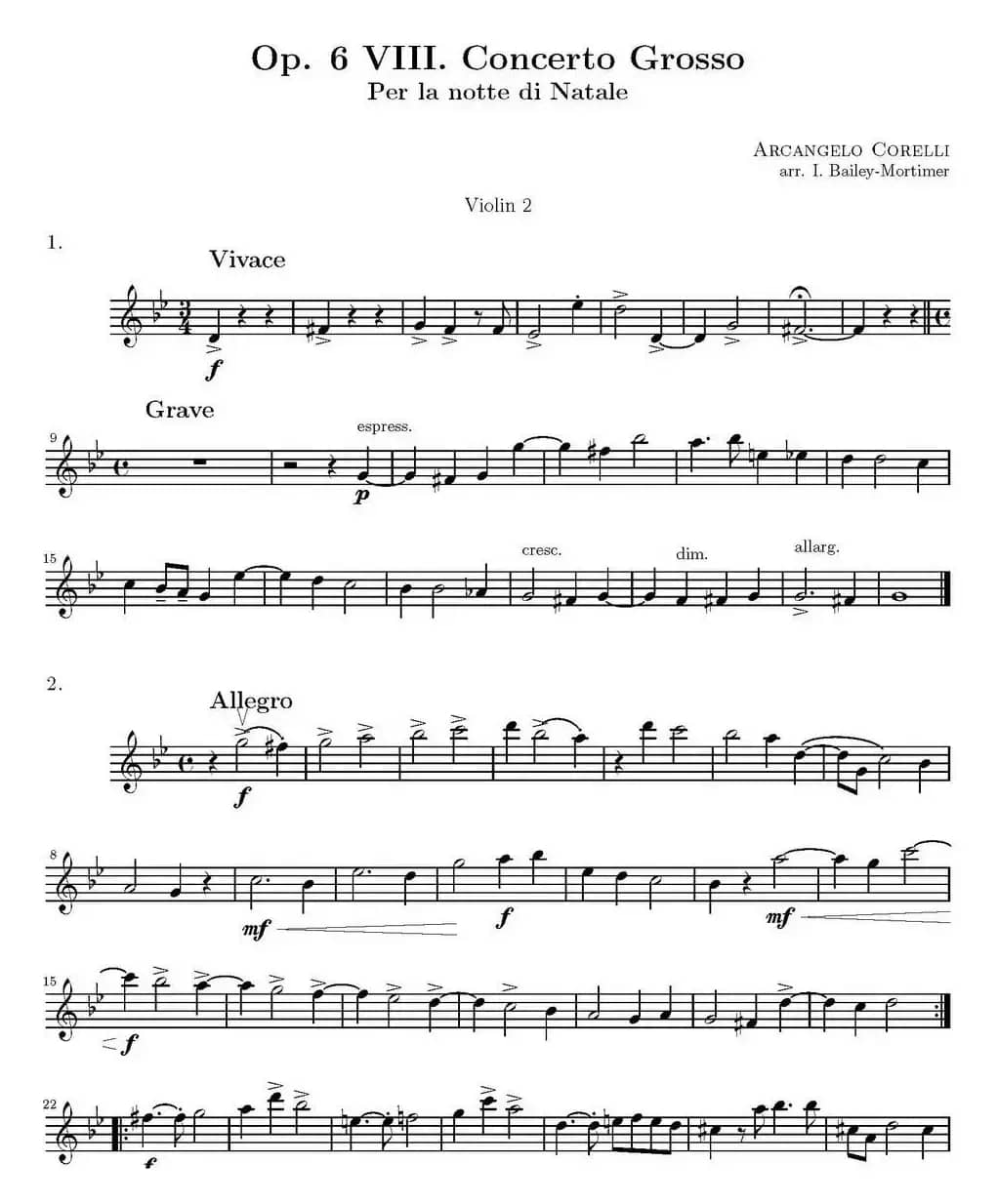 Op.6 VIII. Concerto Grosso（大协奏曲）（四重奏第二小提琴分谱）