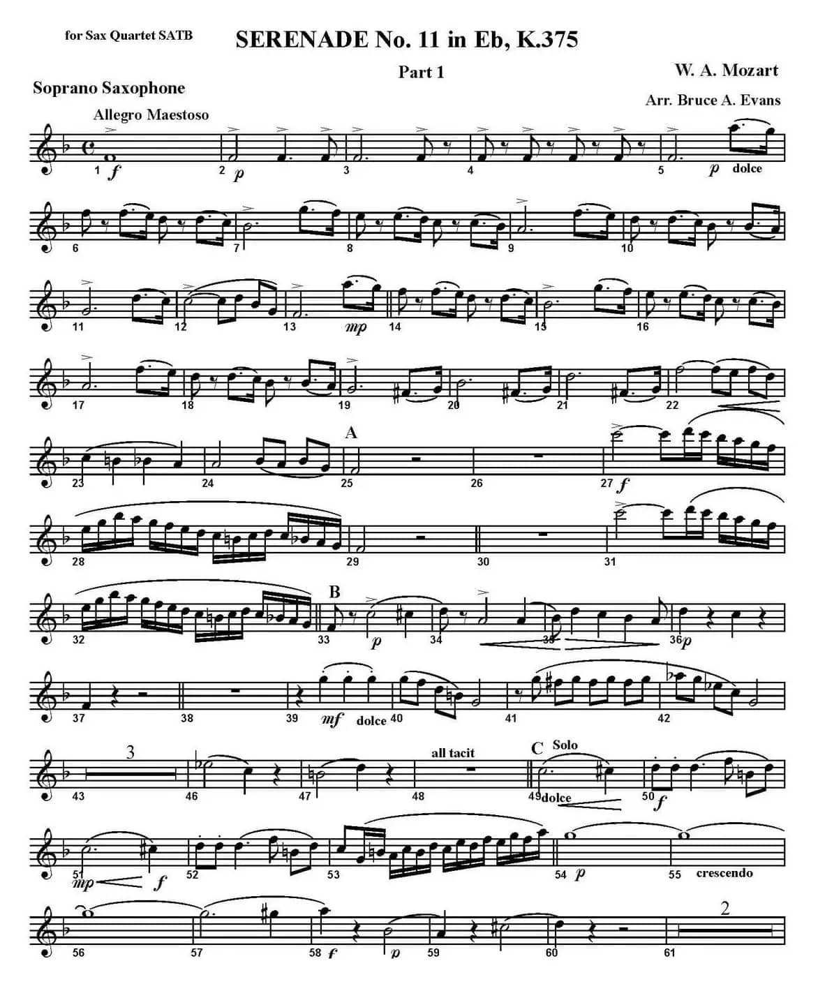 SERENADE No.11 in Eb，K.375 Part 1（四重奏·高音萨克斯分谱）