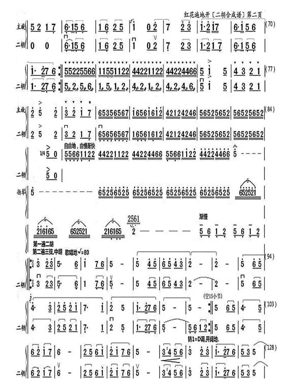 大寨红花遍地开（二胡与笛子主旋合成谱）