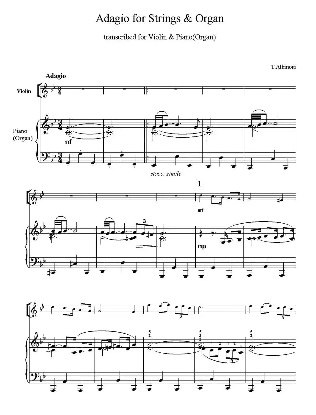 Adagio for Strings & Organ（柔板）（小提琴+钢琴伴奏）