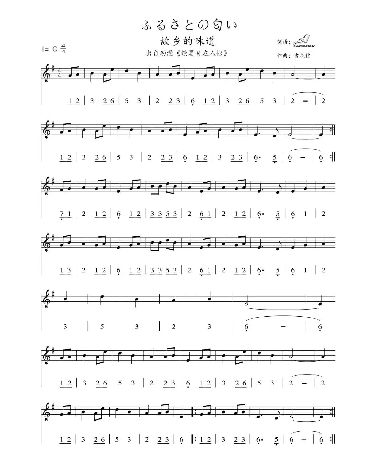 ふるさとの匂い（故乡的味道）（线简谱对照版）