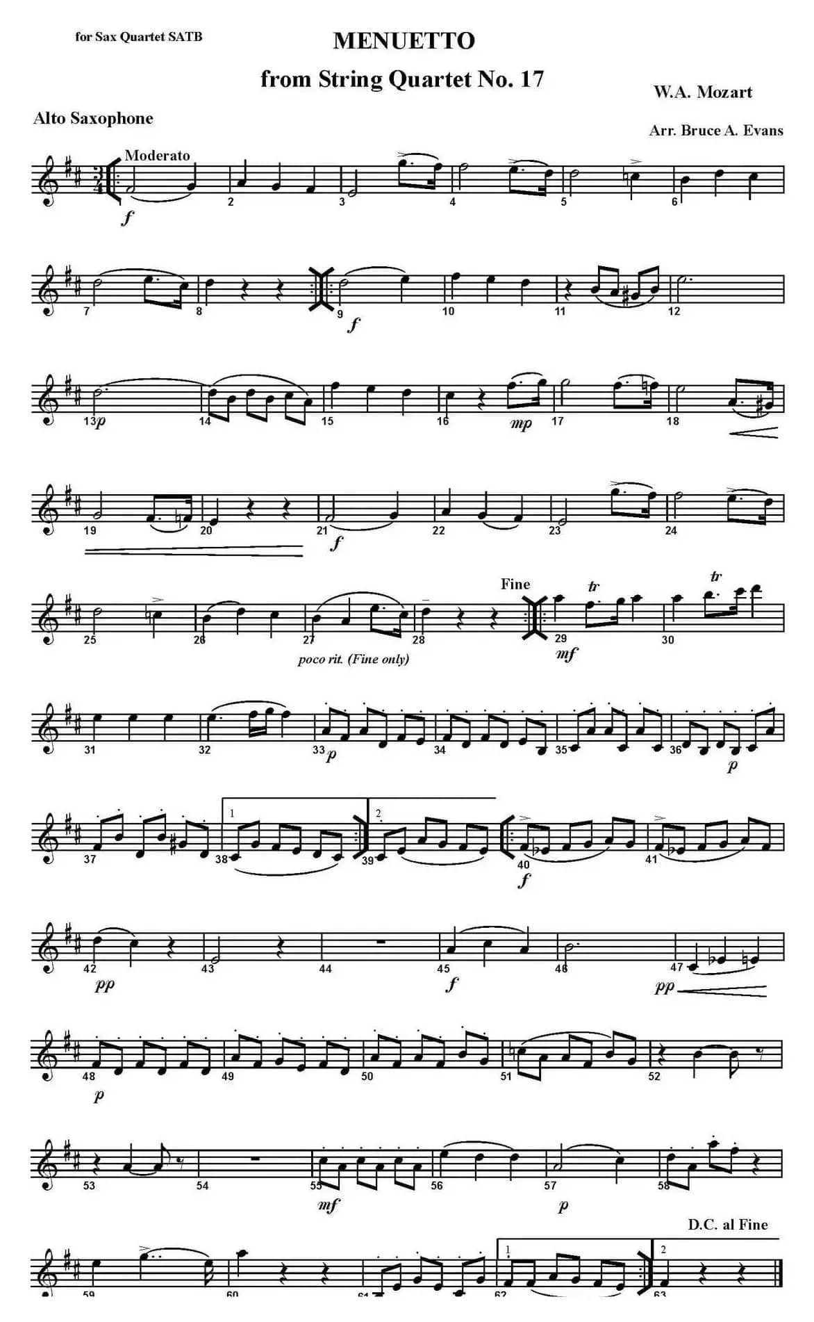 MENUETTO from String Quartet No.17（四重奏·中音萨克斯分谱）