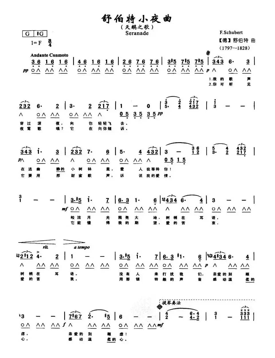 舒伯特小夜曲（天鹅之歌）（带歌词版）