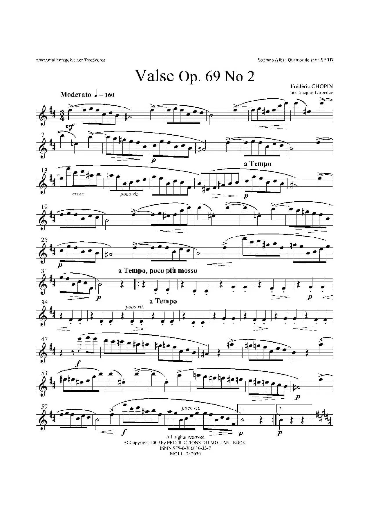 b小调圆舞曲 Op.69 No.2（四重奏高音萨克斯分谱）