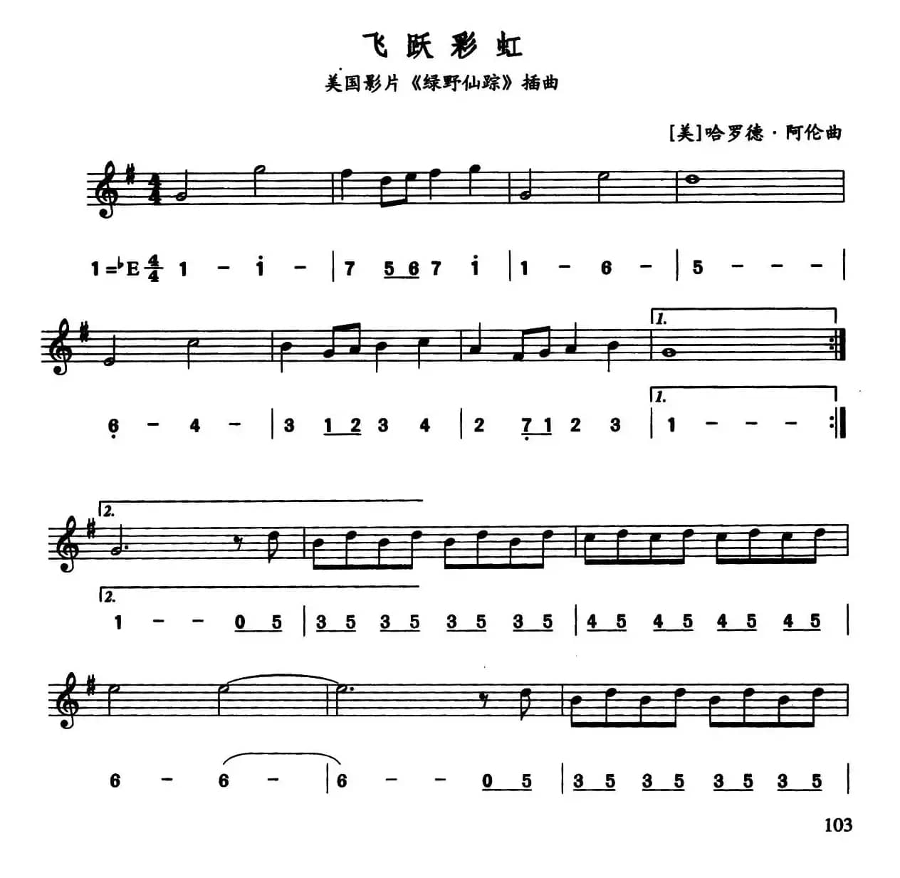 飞越彩虹（美国电影《绿野仙踪》插曲）（线简谱对照版）