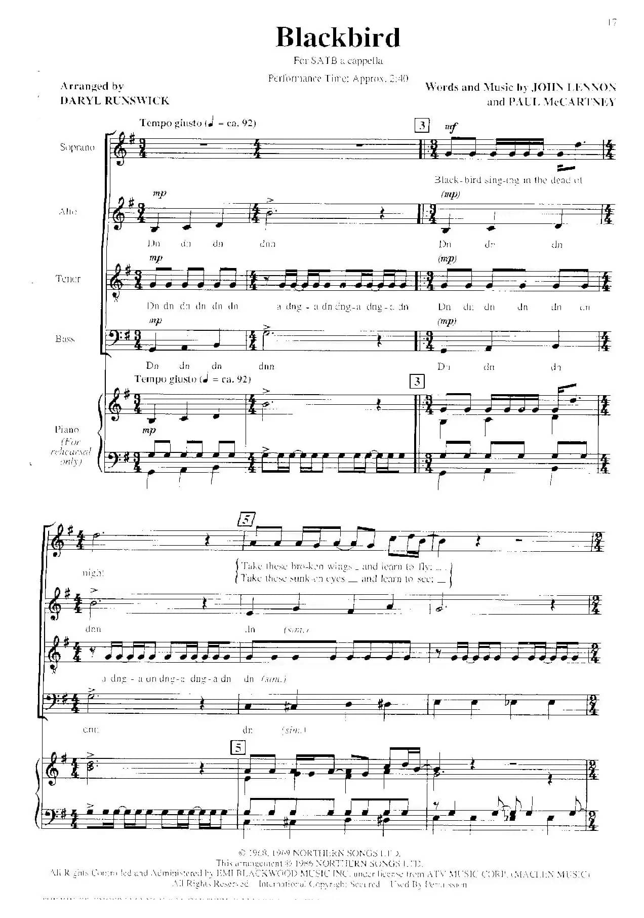 Blackbird（四重奏+钢琴伴奏）