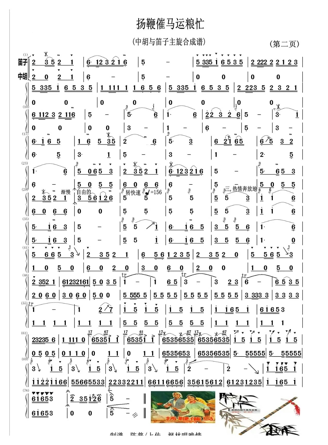 杨鞭催马运粮忙（中胡与笛子主旋合成谱）
