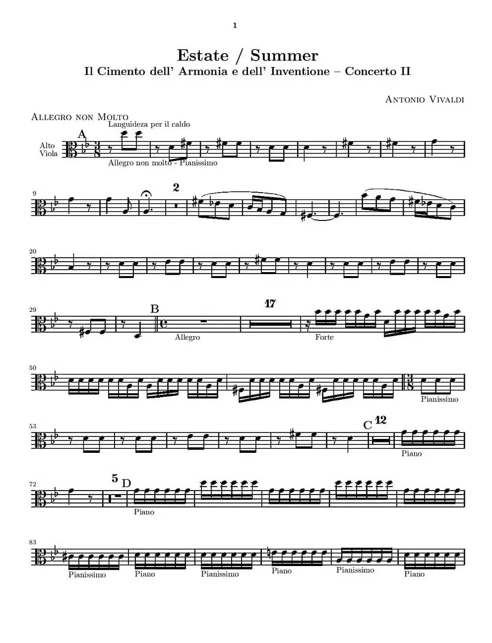 维瓦尔第“四季套曲”之夏（中提琴谱）