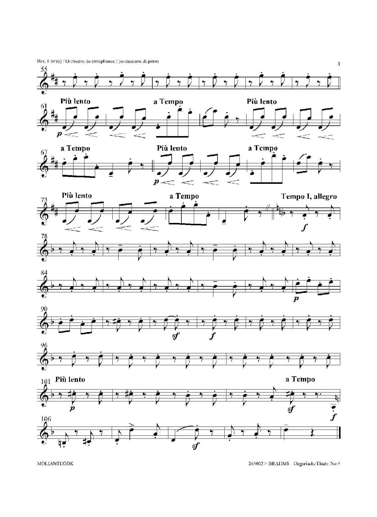 Ungarische Tnze No 5（十五重奏Bar.1-2-3分谱）