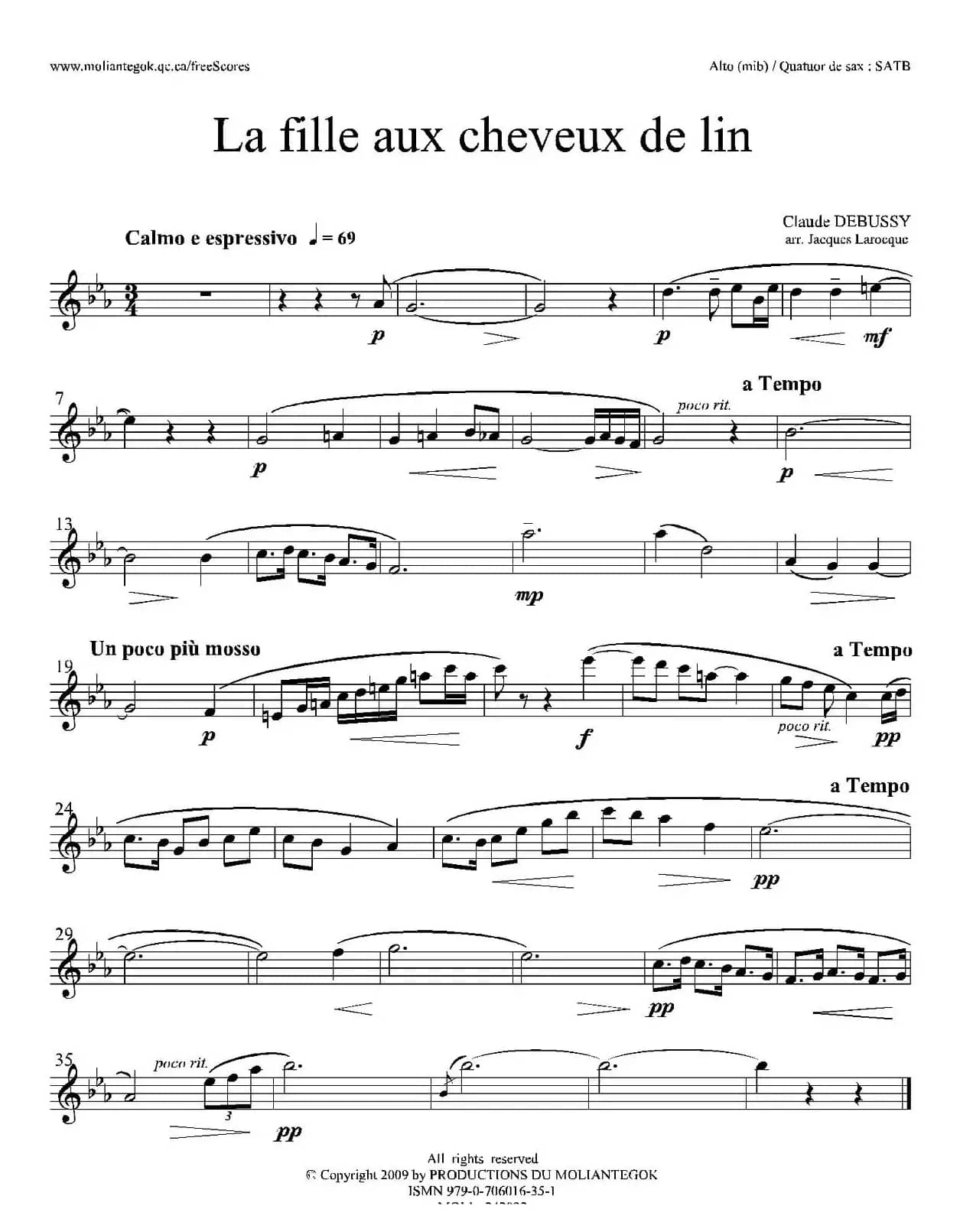 亚麻色头发的少女（四重奏中音萨克斯分谱）