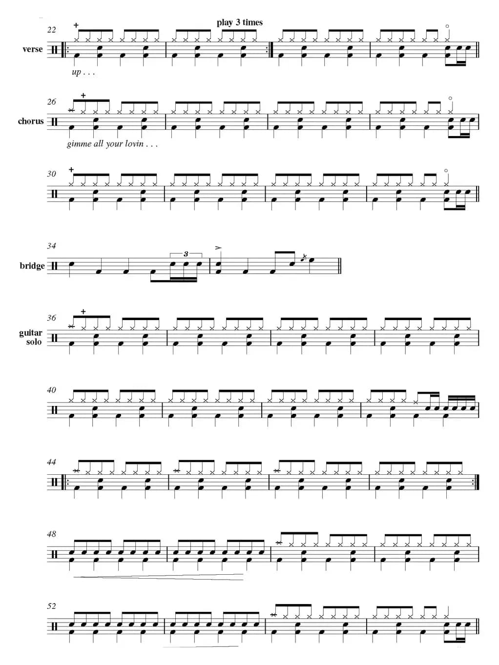 爵士鼓谱：Gimme all your lovin