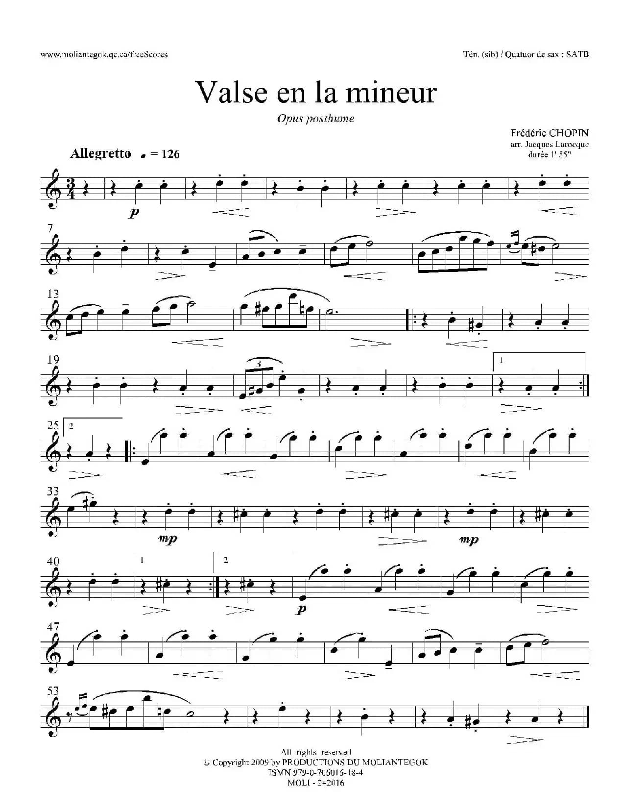 a小调圆舞曲 B.150（四重奏次中音萨克斯分谱）