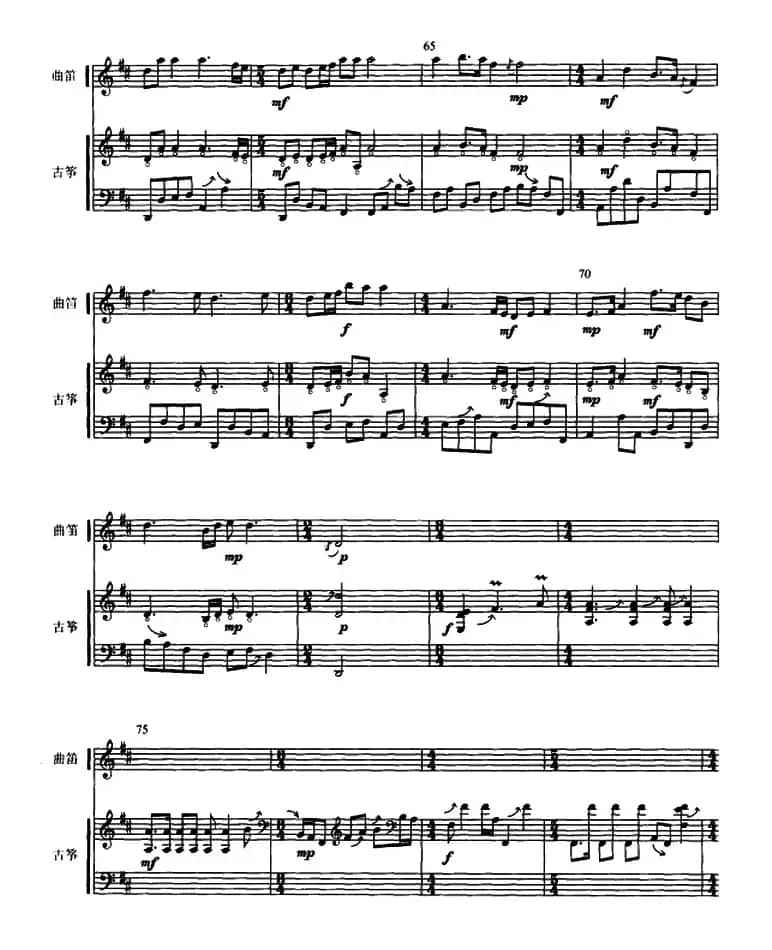 梅花三弄（古筝曲笛二重奏、五线谱）