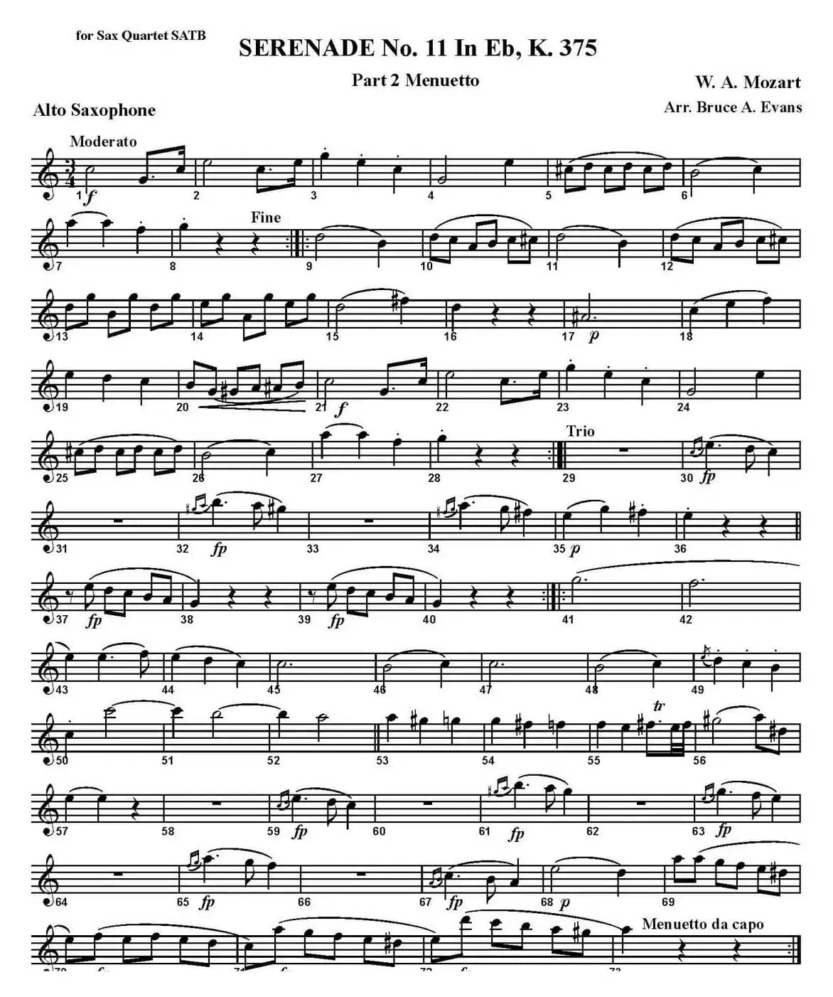 SERENADE No.11 in Eb，K.375 Part 2 Menuetto（四重奏·中音萨克斯分谱）