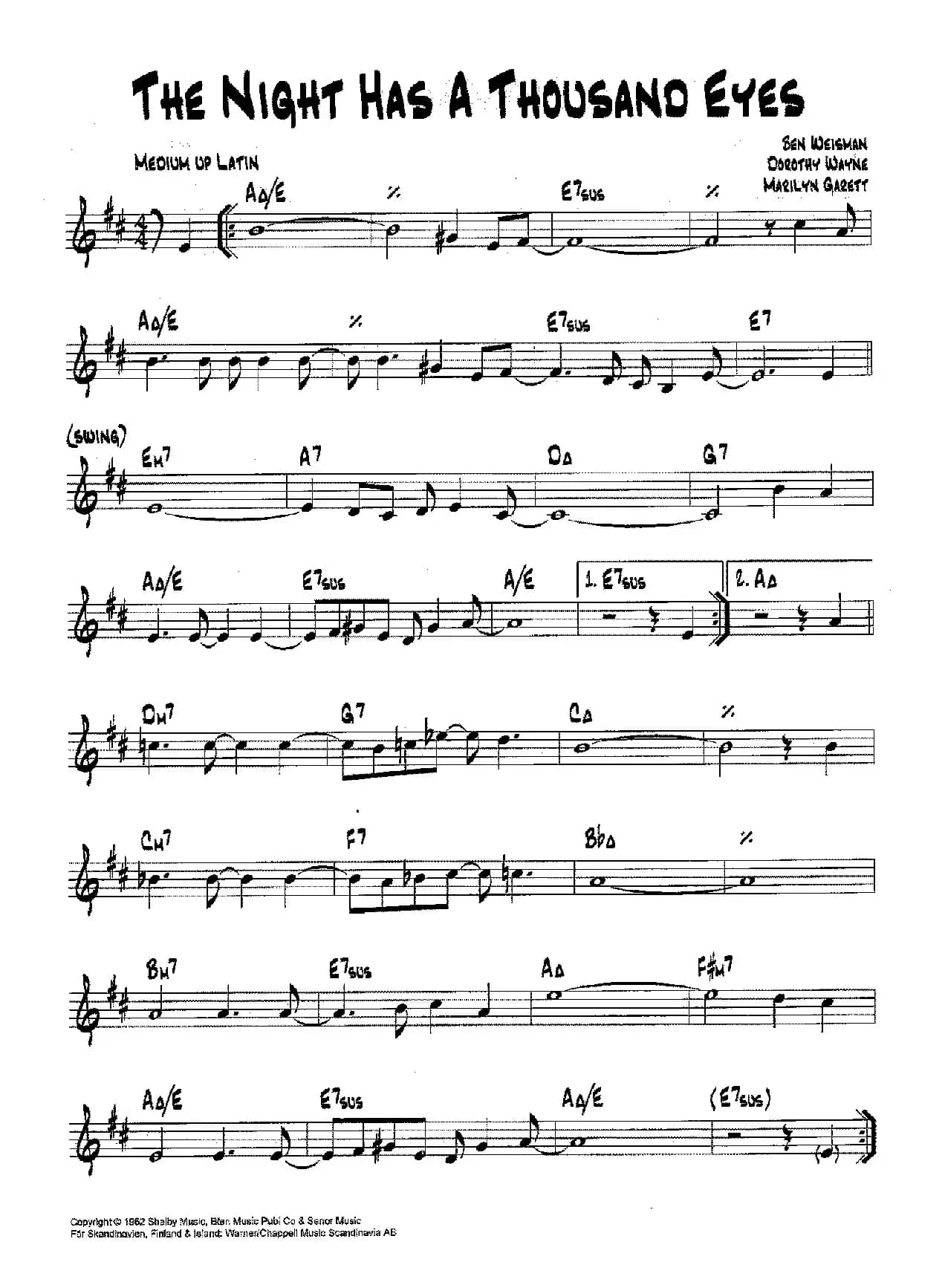 降B爵士乐谱：THE NIGHT HAS A THOUSAND EYES