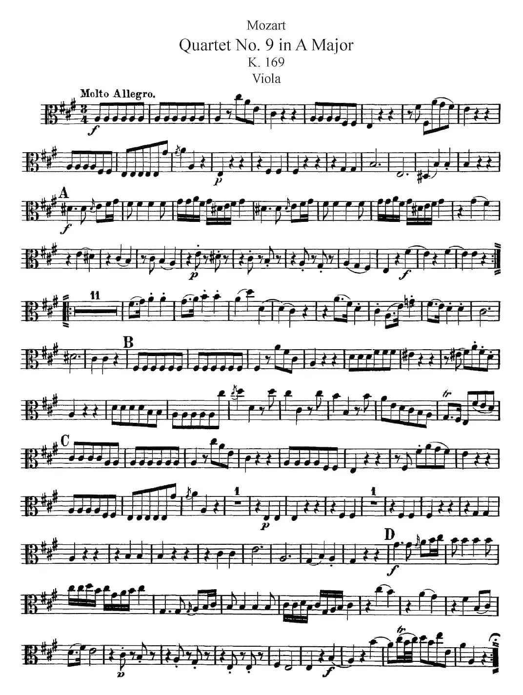Mozart《Quartet No.9 in A Major,K.169》（Viola分谱）