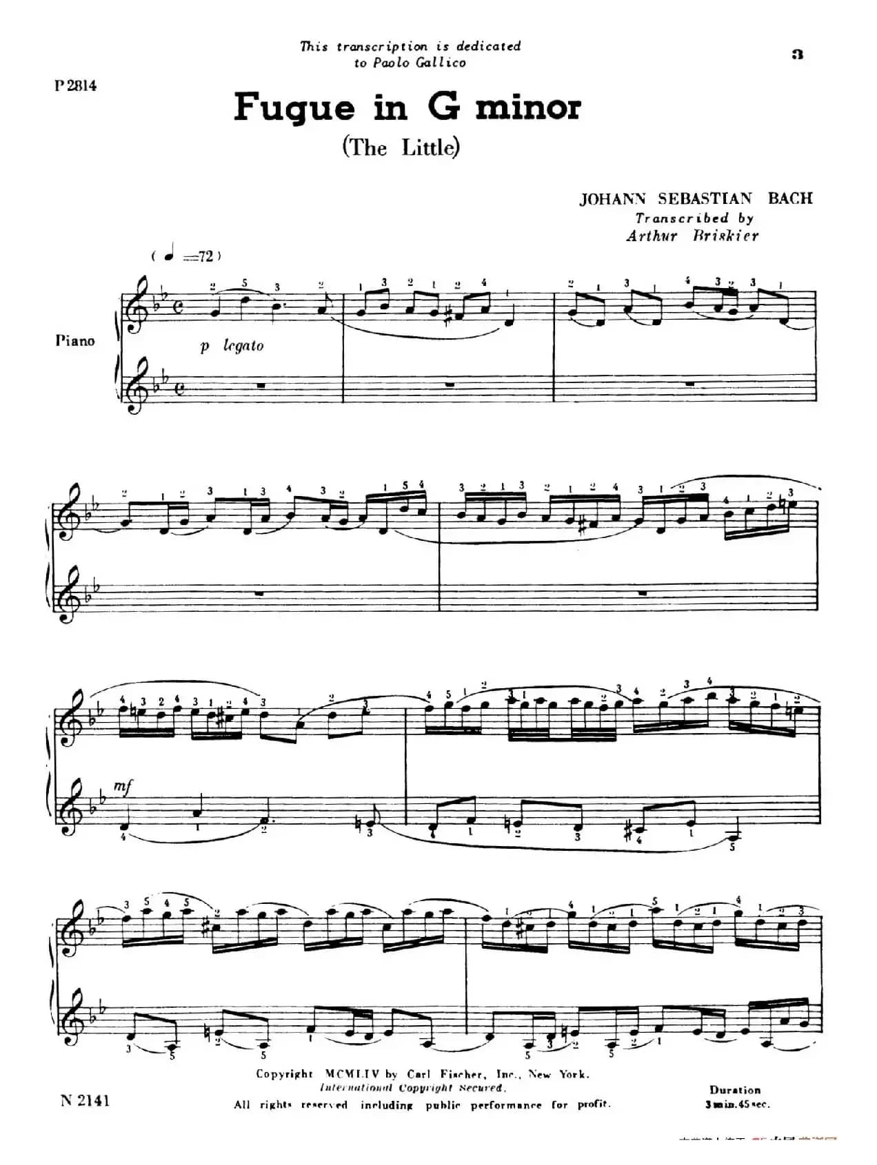 Fugue in g Minor BWV 578（g小调赋格·Briskier改编钢琴独奏版）