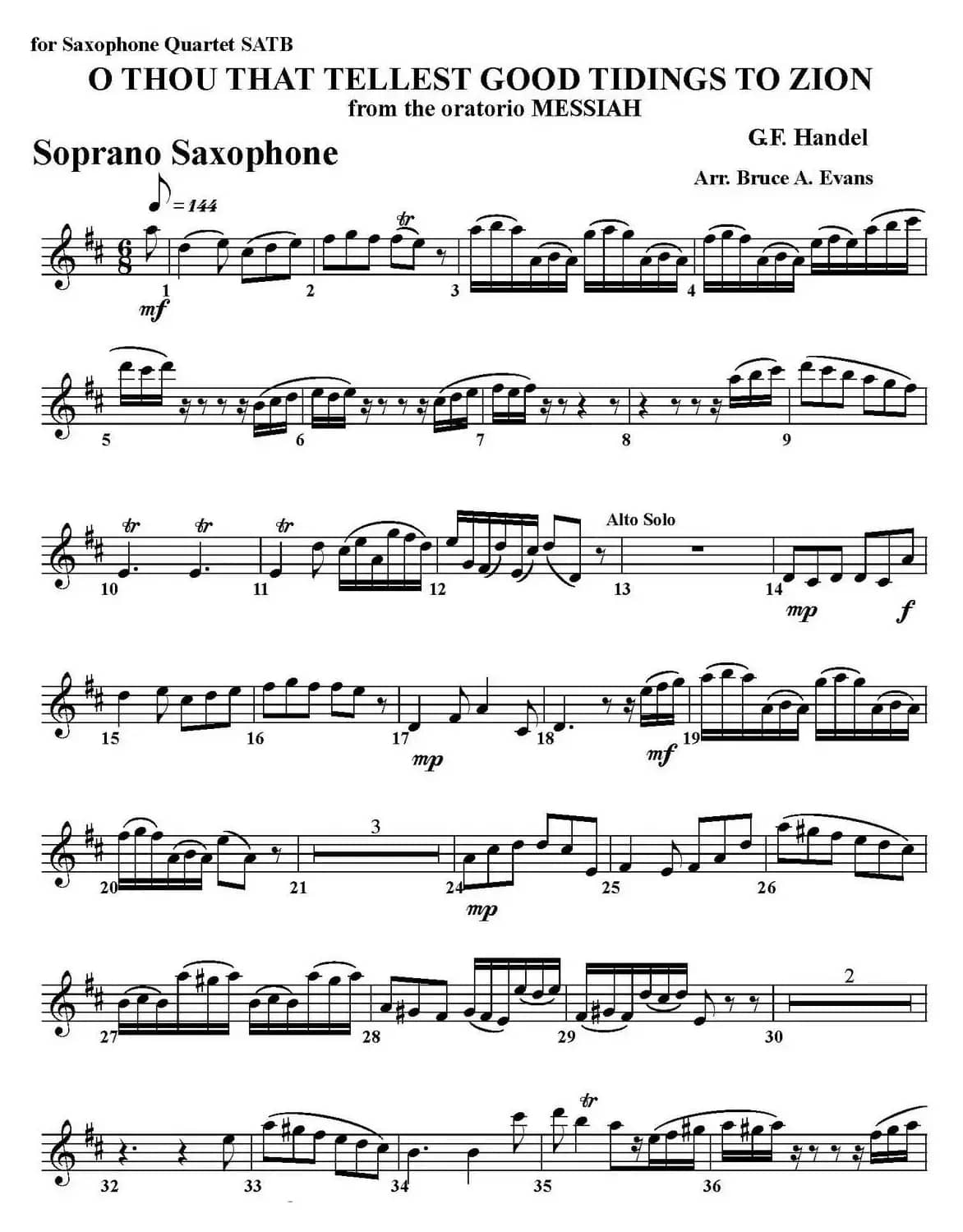 O THOU THAT TELLEST GOOD TIDINGS TO ZION（四重奏·高音萨克斯分谱）