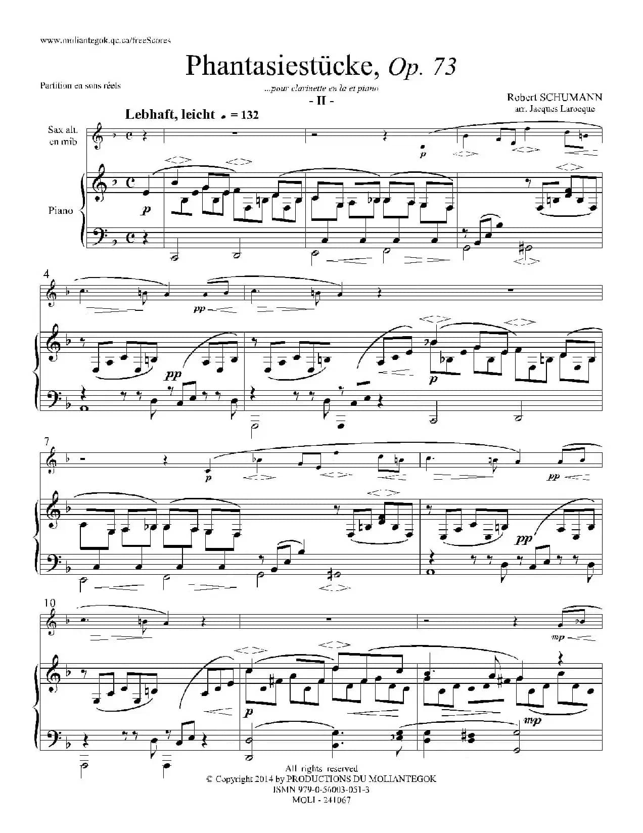 舒曼幻想曲三首 Op73（Ⅱ）（中音萨克斯+钢琴伴奏）