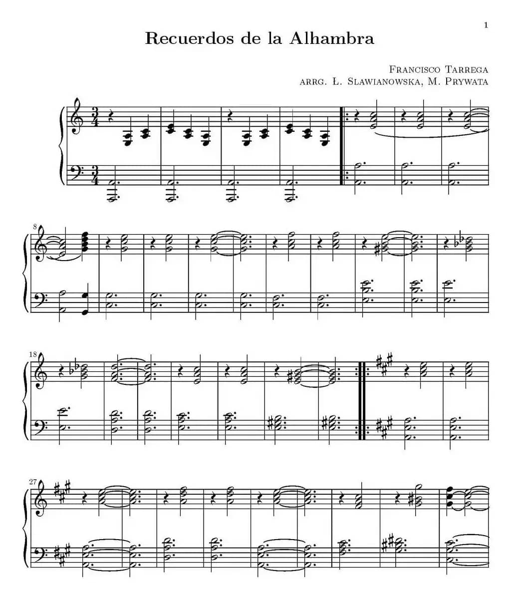 Recuerdos de la Alhambra（阿尔罕布拉的回忆、钢琴伴奏分谱）