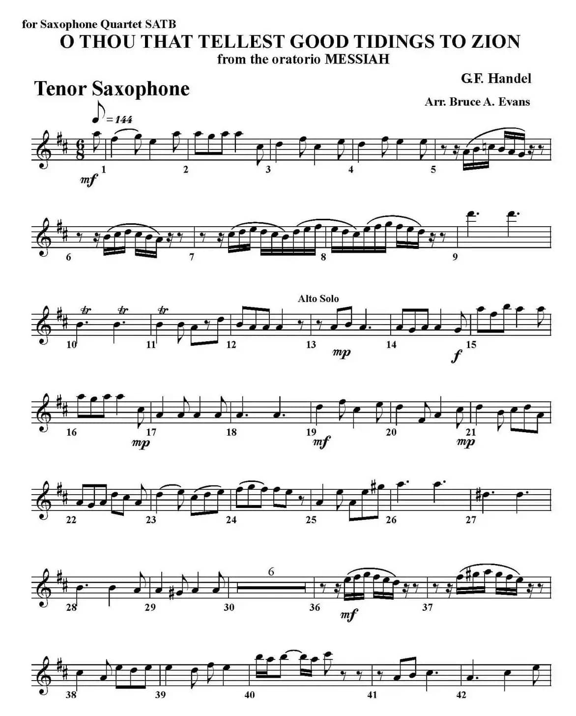 O THOU THAT TELLEST GOOD TIDINGS TO ZION（四重奏·次中音萨克斯分谱）