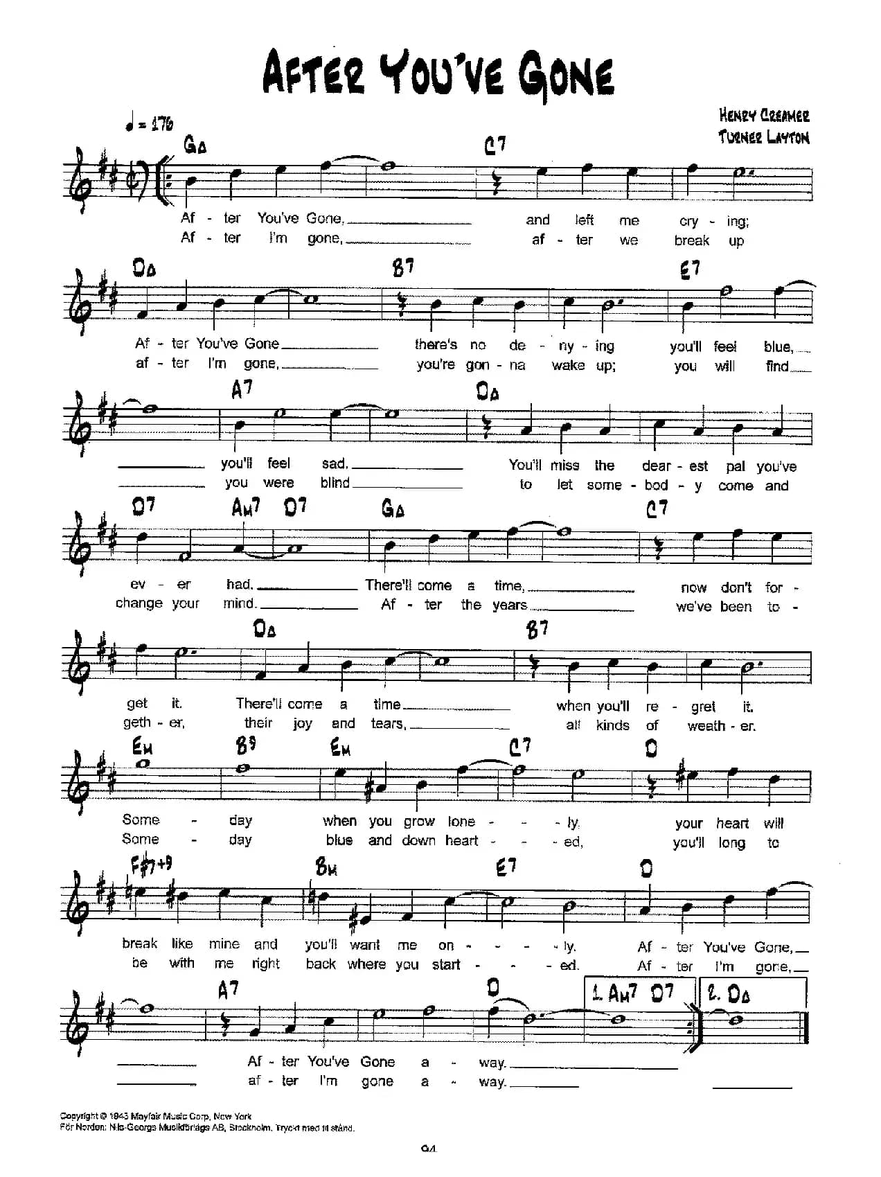 降B爵士乐谱：AETER YOU'VE GONE