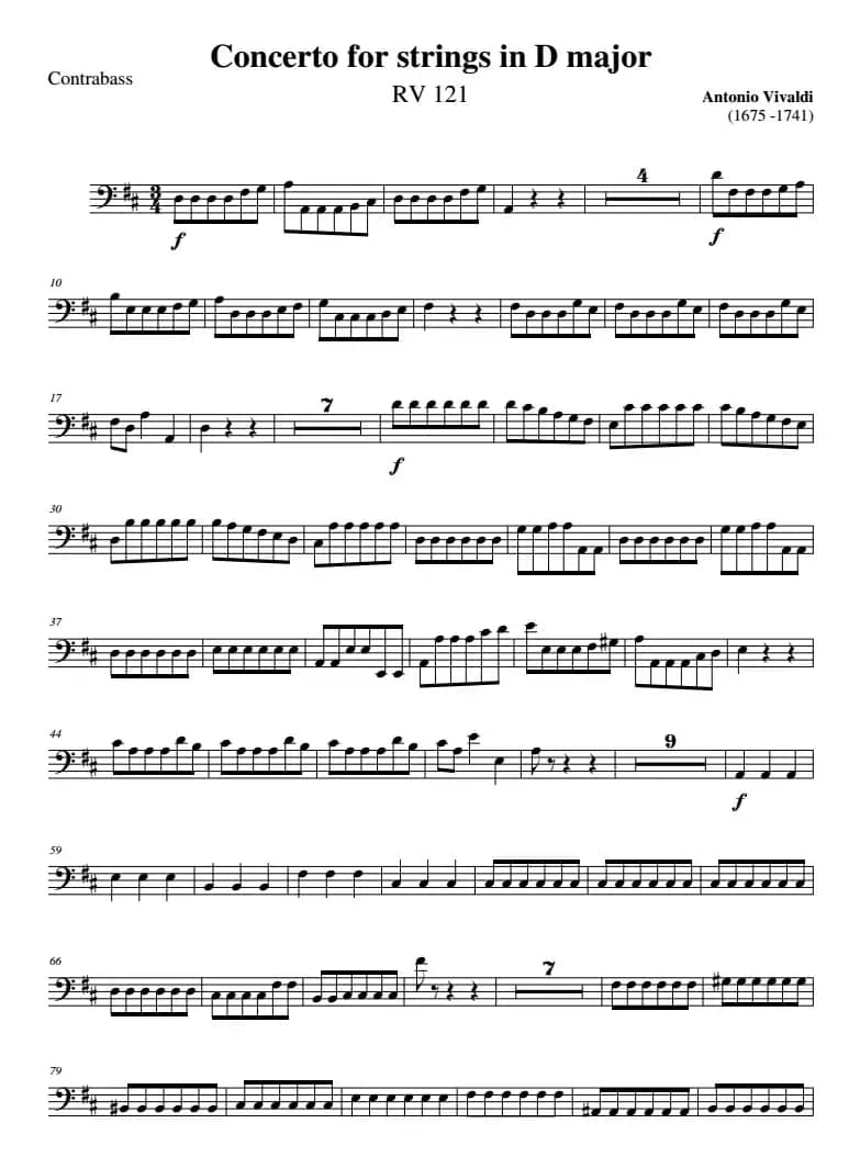 Concerto for strings in D Major（RV121、Contrabass分谱）