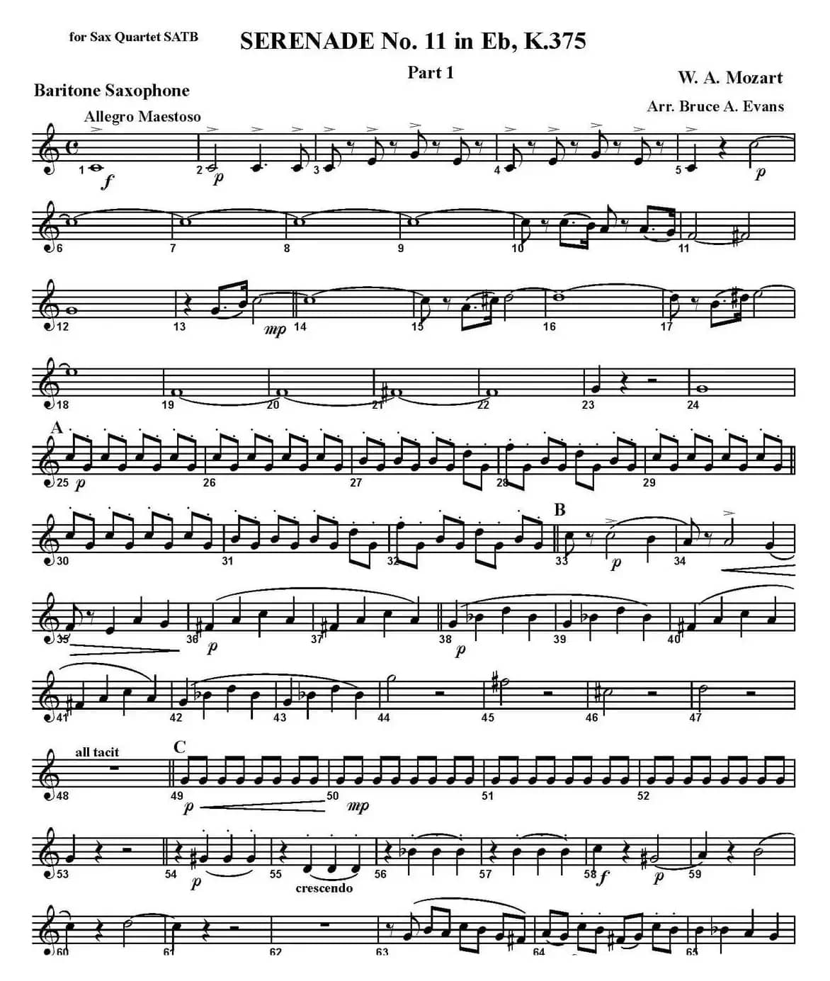 SERENADE No.11 in Eb，K.375 Part 1（四重奏·上低音萨克斯分谱）