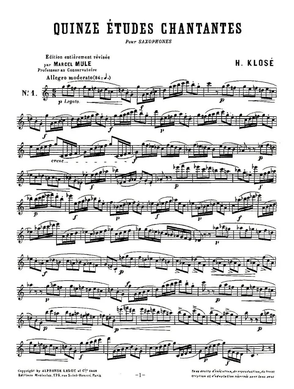 Klose Etudes Chantantes Pour Saxophone（KLOSE的15首练习曲集）