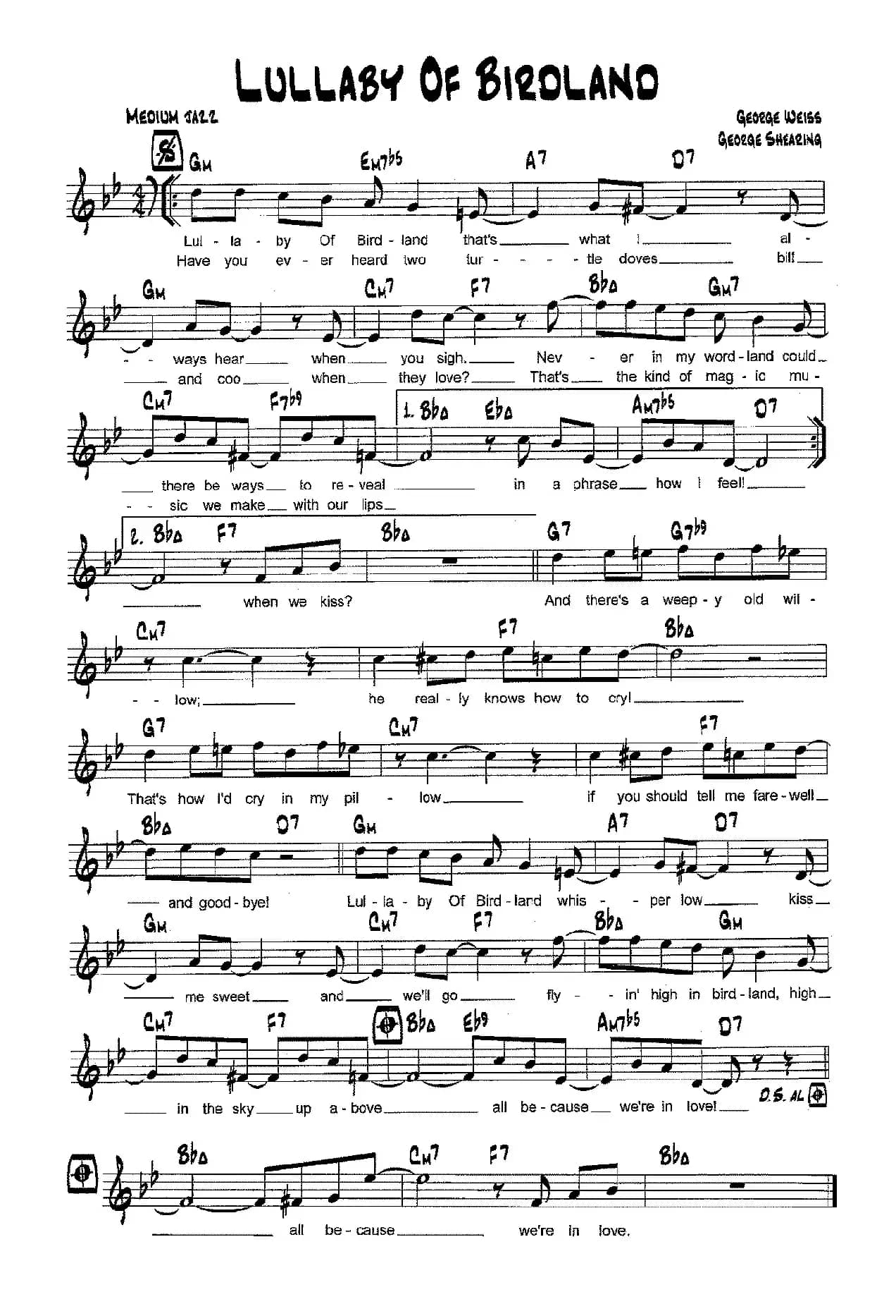 降B爵士乐谱：LULLABY OF BIROLAND