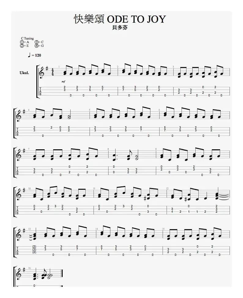 快乐颂（尤克里里指弹谱）
