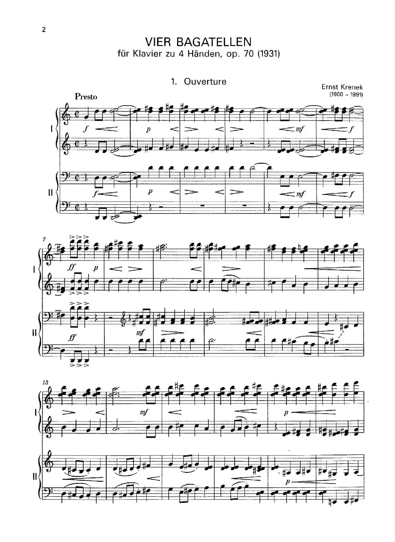 Vier Bagatellen Op.70（4首小品·Ⅰ·四手联弹）