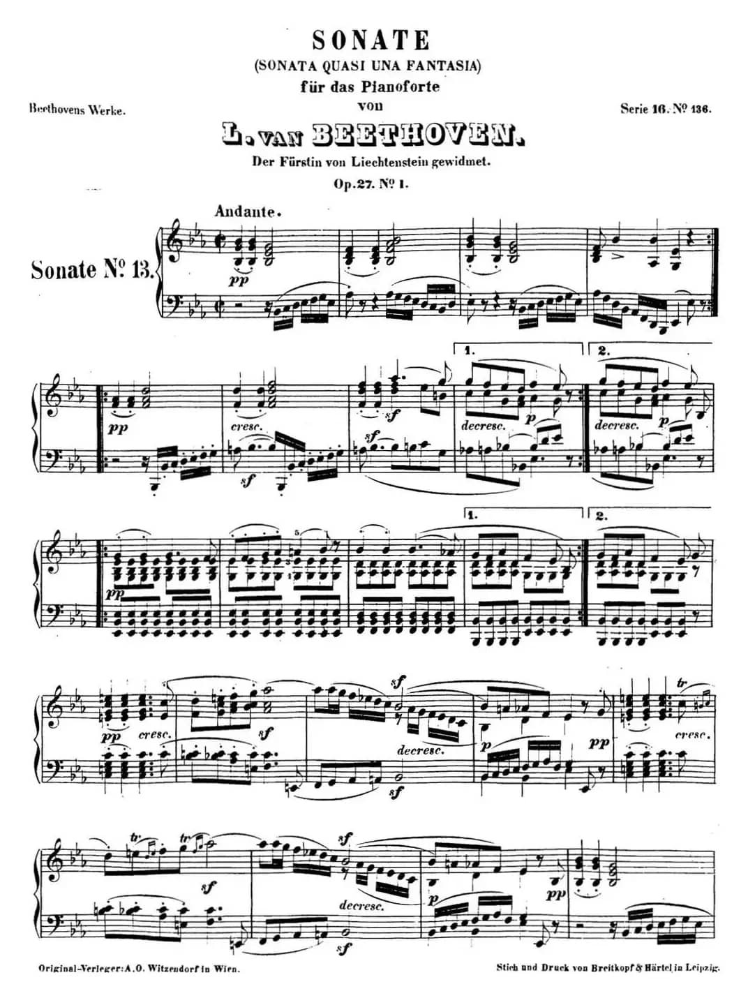 贝多芬钢琴奏鸣曲13 幻想奏鸣曲 降E大调 Op.27 No.1 E-flat major